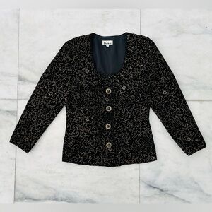 VTG Patra Blazer Velvet Black Gold Print Collarless Women 8 Renaissance Formal